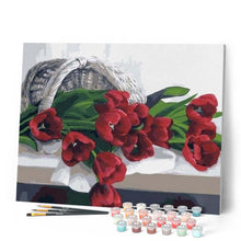 Laden Sie das Bild in den Galerie-Viewer, Malen nach Zahlen für Erwachsene | Korb mit roten Tulpen | Figured'Art