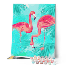 Laden Sie das Bild in den Galerie-Viewer, Duo von rosa Flamingos und Laub