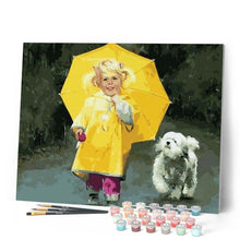 Laden Sie das Bild in den Galerie-Viewer, Malen nach Zahlen für Erwachsene | Kleines Mädchen in Gelb und kleiner Hund | Figured'Art
