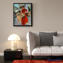 Laden Sie das Bild in den Galerie-Viewer, Malen nach Zahlen für Erwachsene | Rote Frau mit Hut und Stuhl | Figured'Art