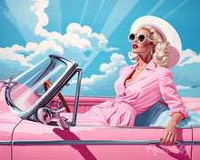 Laden Sie das Bild in den Galerie-Viewer, Diamond Painting – Diva in einem rosa Retro–Auto – 40 x 50 cm auf Keilrahmen gespannt