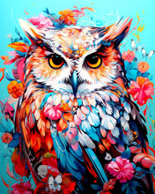 Laden Sie das Bild in den Galerie-Viewer, Diamond Painting - Bunte Eule in voller Blüte – 40 x 50 cm auf Keilrahmen gespannt