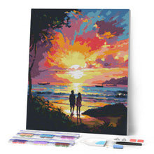 Laden Sie das Bild in den Galerie-Viewer, Diamond Painting - Pärchen und bunter Sonnenuntergang – 40 x 50 cm auf Keilrahmen gespannt