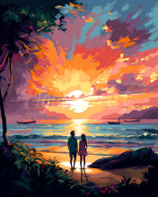 Laden Sie das Bild in den Galerie-Viewer, Diamond Painting - Pärchen und bunter Sonnenuntergang – 40 x 50 cm auf Keilrahmen gespannt