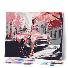 Laden Sie das Bild in den Galerie-Viewer, Diamond Painting - Dame mit Rosa Oldtimer