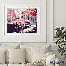 Laden Sie das Bild in den Galerie-Viewer, Diamond Painting - Dame mit Rosa Oldtimer