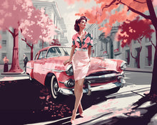 Laden Sie das Bild in den Galerie-Viewer, Diamond Painting - Dame mit Rosa Oldtimer