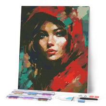 Laden Sie das Bild in den Galerie-Viewer, Diamond Painting - Frau im Roten Schal – 40 x 50 cm auf Keilrahmen gespannt