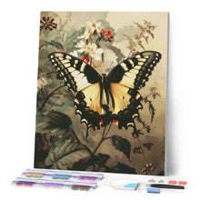 Laden Sie das Bild in den Galerie-Viewer, Diamond Painting - Schwalbenschwanz und weiße Blumen – 40 x 50 cm auf Keilrahmen gespannt