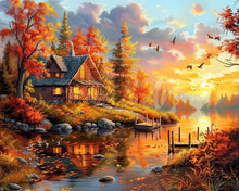 Laden Sie das Bild in den Galerie-Viewer, Diamond Painting - Herbstsonnenuntergang bei der Hütte