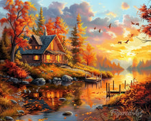 Laden Sie das Bild in den Galerie-Viewer, Diamond Painting - Herbstsonnenuntergang bei der Hütte – 40 x 50 cm auf Keilrahmen gespannt