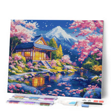 Laden Sie das Bild in den Galerie-Viewer, Diamond Painting - Kirschbüten Haus am Teich – 40 x 50 cm auf Keilrahmen gespannt