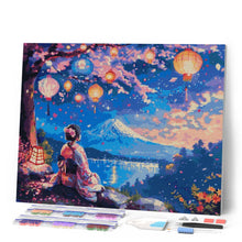 Laden Sie das Bild in den Galerie-Viewer, Diamond Painting - Mädchen, Laternen und Mount Fuji – 40 x 50 cm auf Keilrahmen gespannt