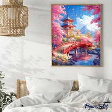 Laden Sie das Bild in den Galerie-Viewer, Diamond Painting - Rote Brücke mit Kirschblüten – 40 x 50 cm auf Keilrahmen gespannt
