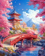 Laden Sie das Bild in den Galerie-Viewer, Diamond Painting - Rote Brücke mit Kirschblüten – 40 x 50 cm auf Keilrahmen gespannt