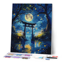 Laden Sie das Bild in den Galerie-Viewer, Diamond Painting - Mondlicht-Torii mit Glühwürmchen – 40 x 50 cm auf Keilrahmen gespannt