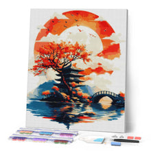 Laden Sie das Bild in den Galerie-Viewer, Diamond Painting - Pagode unter der aufgehenden Sonne – 40 x 50 cm auf Keilrahmen gespannt