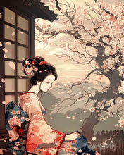 Laden Sie das Bild in den Galerie-Viewer, Diamond Painting - Vintage-Kimono-Dame mit Kirschbüten – 40 x 50 cm auf Keilrahmen gespannt