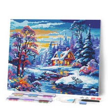 Laden Sie das Bild in den Galerie-Viewer, Diamond Painting - Winterliches Flusscottage – 40 x 50 cm auf Keilrahmen gespannt