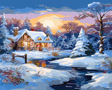 Laden Sie das Bild in den Galerie-Viewer, Diamond Painting - Winterhütte im Sonnenuntergang