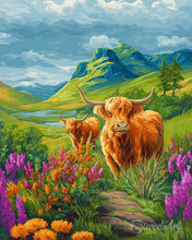 Laden Sie das Bild in den Galerie-Viewer, Diamond Painting - Highland Cow blühende Hügel