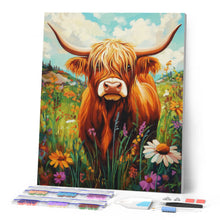 Laden Sie das Bild in den Galerie-Viewer, Diamond Painting - Highland Cow Wildblumen Porträt