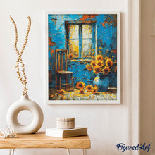 Laden Sie das Bild in den Galerie-Viewer, Diamond Painting - Sonnenblumen am blauen Fenster