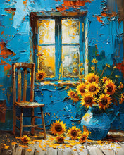 Laden Sie das Bild in den Galerie-Viewer, Diamond Painting - Sonnenblumen am blauen Fenster