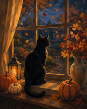 Laden Sie das Bild in den Galerie-Viewer, Diamond Painting - Schwarze Katze am Kürbisfenster