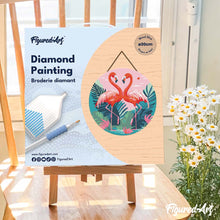 Laden Sie das Bild in den Galerie-Viewer, Diamond Painting auf Holzscheibe - Tropische Flamingos