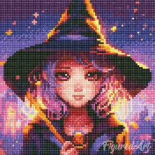 Laden Sie das Bild in den Galerie-Viewer, Mini Diamond Painting 25 x 25 cm - Bezaubernde Kleine Hexe