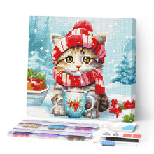 Laden Sie das Bild in den Galerie-Viewer, Mini Diamond Painting 25 x 25 cm - Niedliche Katze mit rotem Schal