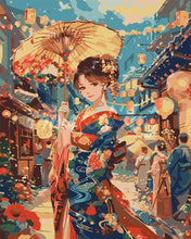 Laden Sie das Bild in den Galerie-Viewer, Malen nach Zahlen Figured'Art – Kimono-Mädchen beim Laternenfest