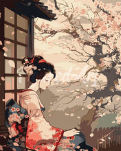 Laden Sie das Bild in den Galerie-Viewer, Malen nach Zahlen Figured'Art – Vintage-Kimono-Dame mit Kirschbüten
