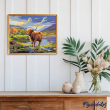 Laden Sie das Bild in den Galerie-Viewer, Highland Cow gemalter Himmel