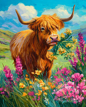 Laden Sie das Bild in den Galerie-Viewer, Malen nach Zahlen Figured'Art – Highland Cow Blumenparadies