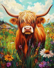 Laden Sie das Bild in den Galerie-Viewer, Malen nach Zahlen Figured'Art – Highland Cow Wildblumen Porträt