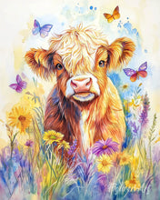 Laden Sie das Bild in den Galerie-Viewer, Malen nach Zahlen Figured'Art – Highland Cow mit Schmetterlingen