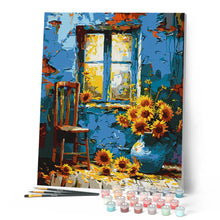 Laden Sie das Bild in den Galerie-Viewer, Sonnenblumen am blauen Fenster