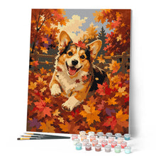 Laden Sie das Bild in den Galerie-Viewer, Fröhlicher Corgi im Herbstlaub