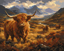 Laden Sie das Bild in den Galerie-Viewer, Malen nach Zahlen Figured'Art – Highland Cow im Bergtal