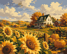 Laden Sie das Bild in den Galerie-Viewer, Malen nach Zahlen Figured'Art – Sonnenblumenfeld und Weißes Bauernhaus