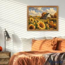 Laden Sie das Bild in den Galerie-Viewer, Sonnenblumenfeld und Weißes Bauernhaus