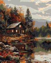Laden Sie das Bild in den Galerie-Viewer, Malen nach Zahlen Figured'Art – Gemütliche Hütte am Herbstsee