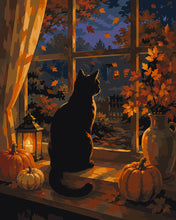 Laden Sie das Bild in den Galerie-Viewer, Malen nach Zahlen Figured'Art – Schwarze Katze am Kürbisfenster