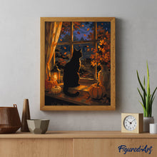 Laden Sie das Bild in den Galerie-Viewer, Schwarze Katze am Kürbisfenster