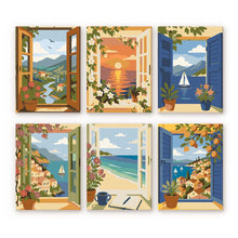 Laden Sie das Bild in den Galerie-Viewer, Mini Malen nach Zahlen 15x20 cm (6 Stück) - Fenster mit Meerblick Figured'Art