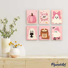 Laden Sie das Bild in den Galerie-Viewer, Mini Serie Malen nach Zahlen 15x20 cm (6 Stück) - Süßes Pinkes Halloween