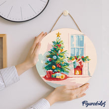 Laden Sie das Bild in den Galerie-Viewer, Malen nach Zahlen auf Holzscheibe - Weihnachtsbaum und Kamin