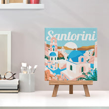 Laden Sie das Bild in den Galerie-Viewer, Mini Malen nach Zahlen mit Rahmen - Reiseplakat Santorini Sonnenaufgang